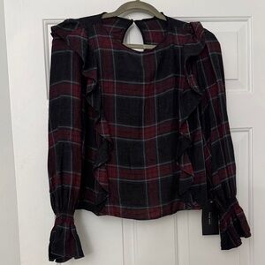 Zara Black & Burgundy Plaid Ruffle Blouse